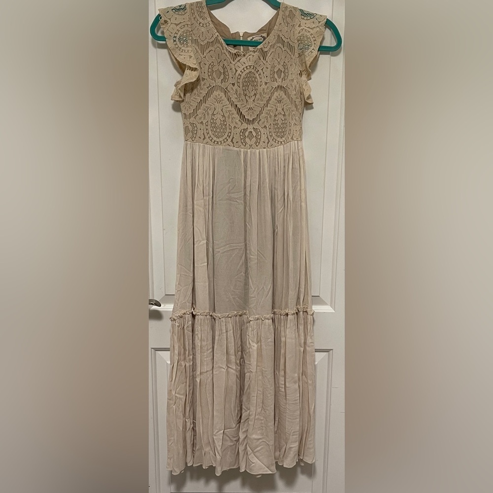 Mia Joy Girl’s Maxi Dress Beige Cottagecore Tiered Lace Pageant Tea Party 10